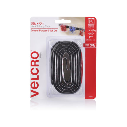 Velcro Brand Stick On Hook and Loop Tape 25mm x 1m black pack