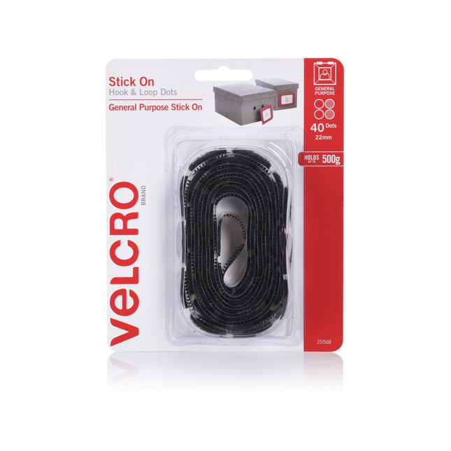 Velcro Brand black 22mm stick on hook and loop dots, 40 pack, front of pack